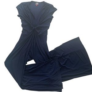 Vince Camuto Romper Wide Leg Sz 6 S Navy Blue Flare Cap Sleeve Retro Ruche Waist
